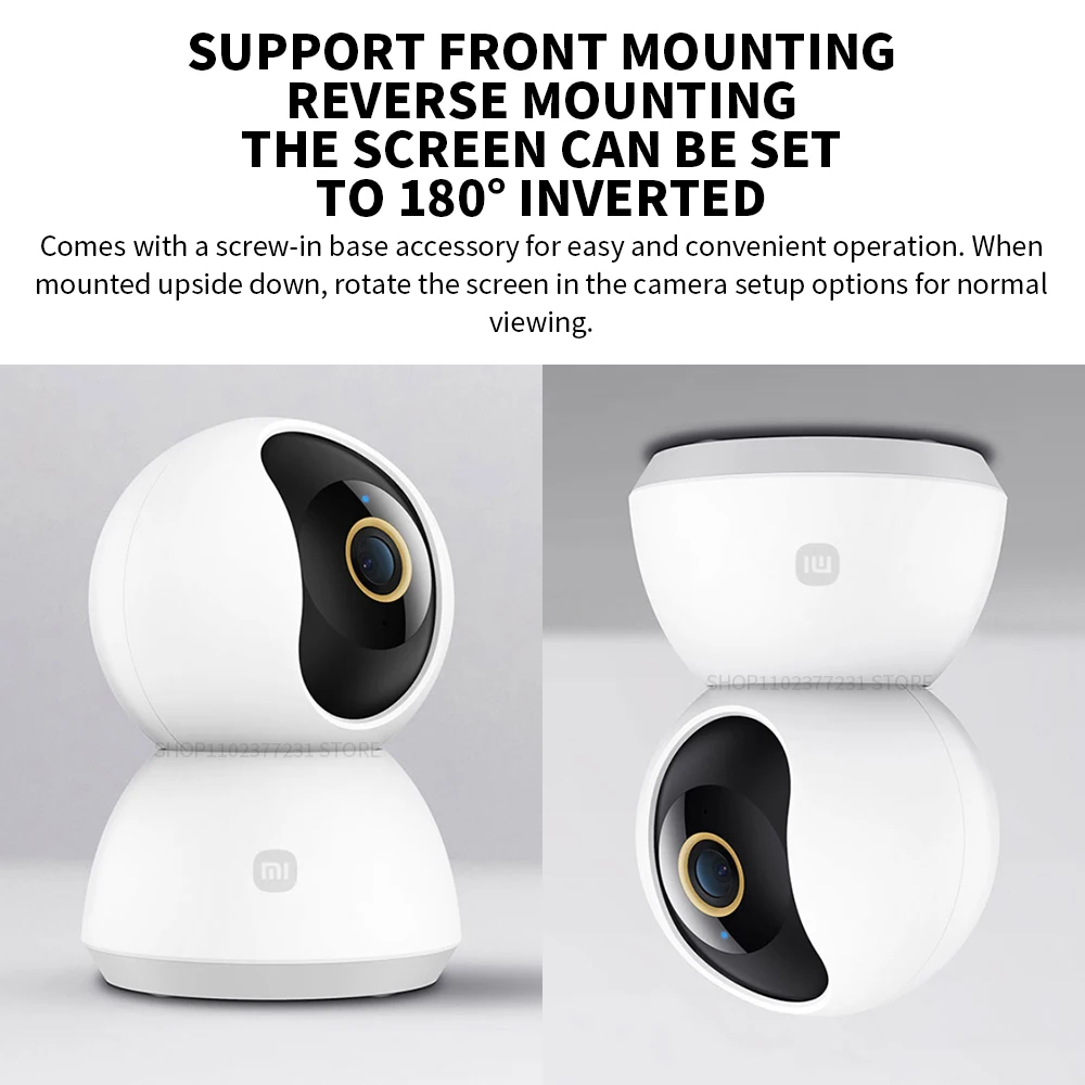 Xiaomi 360ยฐ smart camera showing front mount, reverse mount, and 180ยฐ inverted screen positioning options