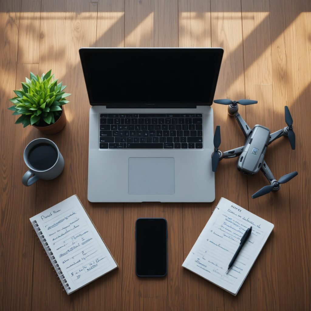 Top-down view of a tech review desk setup featuring a laptop, drone, smartphone, and notes for gadget testing.