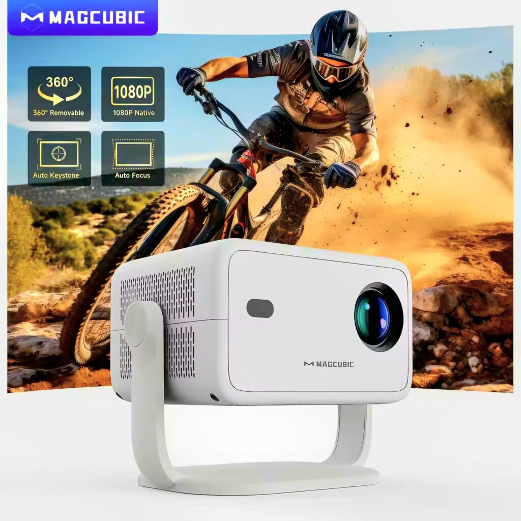 Magcubic L018 review - The smart projector on its 360-degree stand, showing an image of a mountain biker.