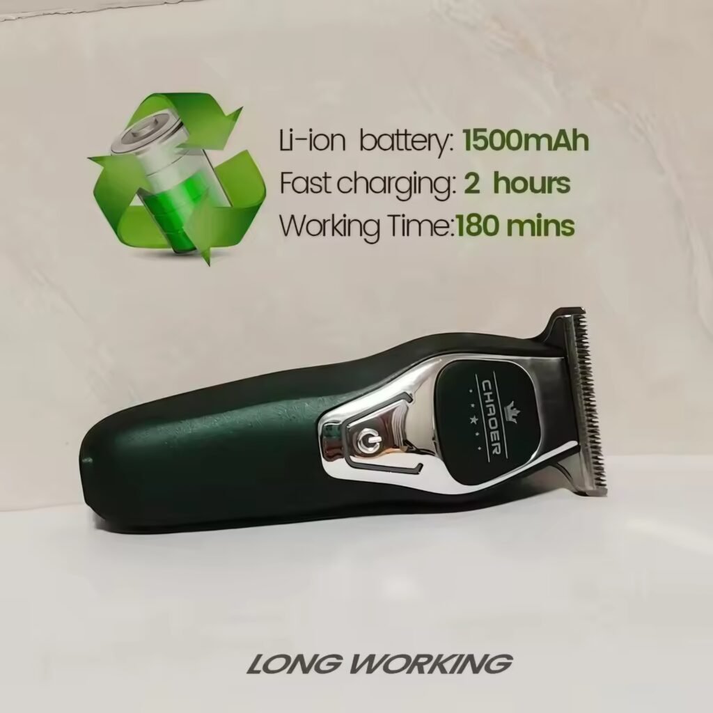 CHAORER mini hair trimmer review - the green portable hair clipper with its 180-minute battery life information displayed.