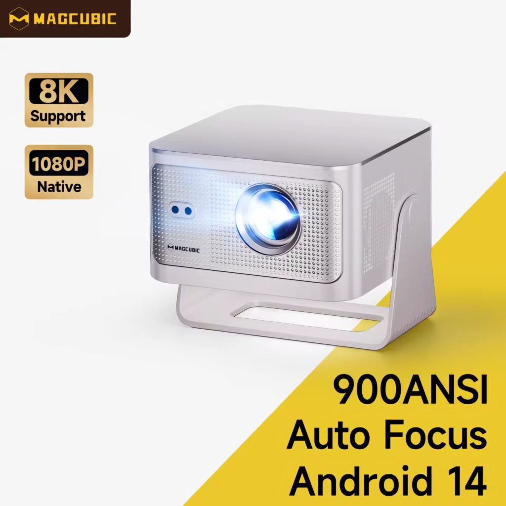 Magcubic HY350Max Review - the silver smart projector with 900 ANSI lumens, Auto Focus, and Android 14 features.