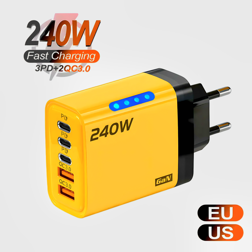 Yellow 240W GaN fast charger with 5 ports (3 PD, 2 QC) and interchangeable EU US plugs