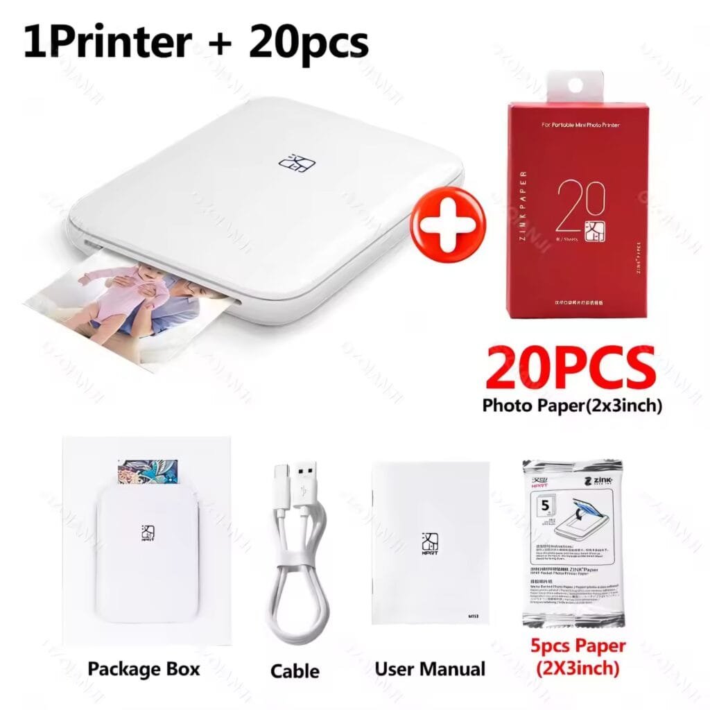 HPRT MT53 Review: Bundle including the pocket printer, 20 sheets of paper, and accessories