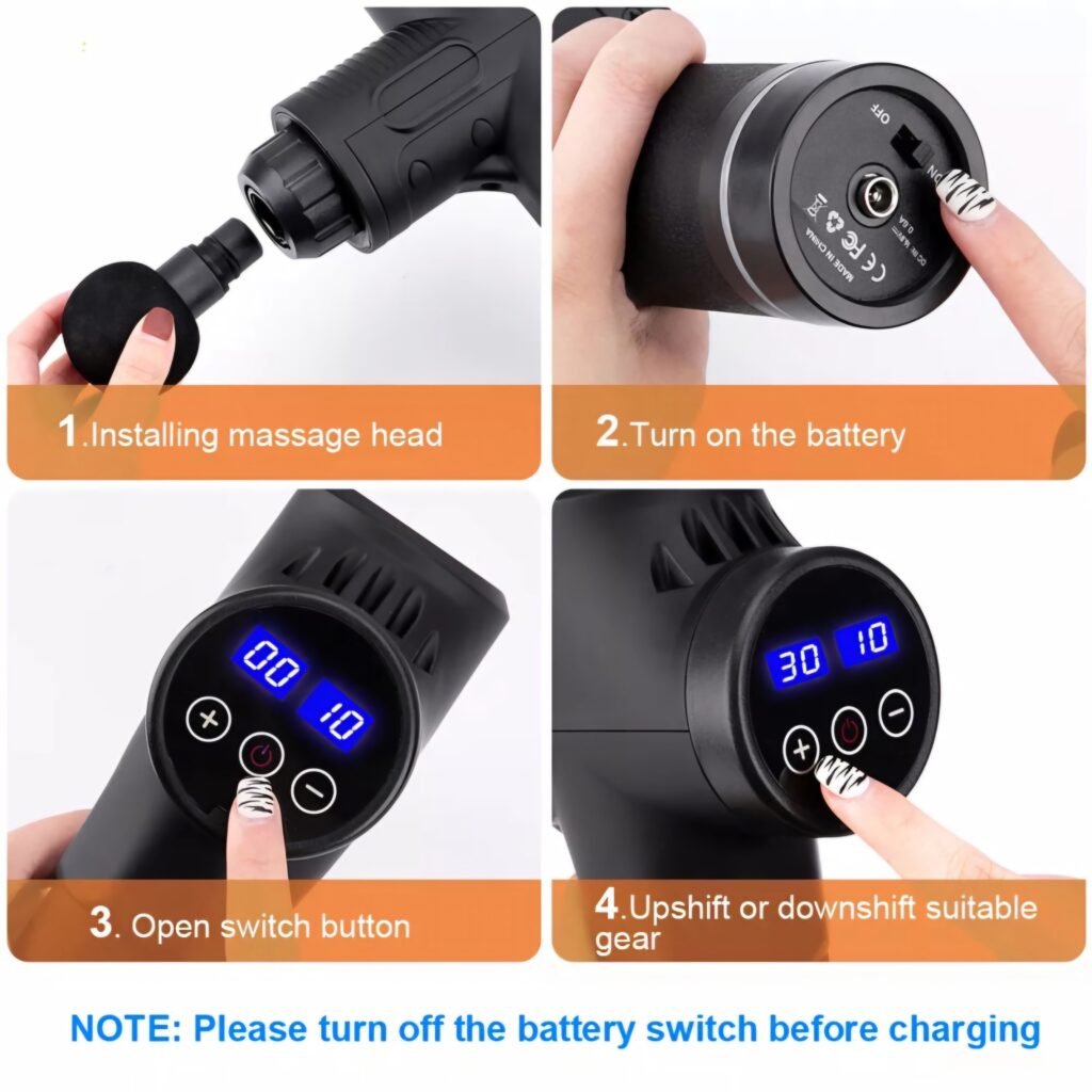 Step-by-step guide on how to install massage heads and turn on the KH-320 massage gun