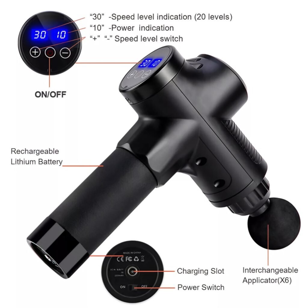 Bottom handle view of Fascial Gun showing charging port and power on-off switch