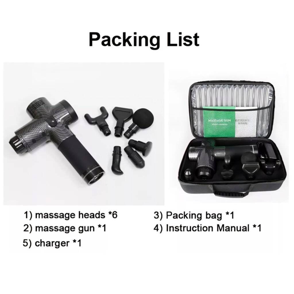 Fascial Massage Gun full packing list including 4 attachments, charger, and carrying case