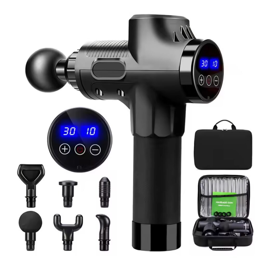 Matte Black Fascial Massage Gun KH-320 showing 30 speed LCD display and 4 massage heads