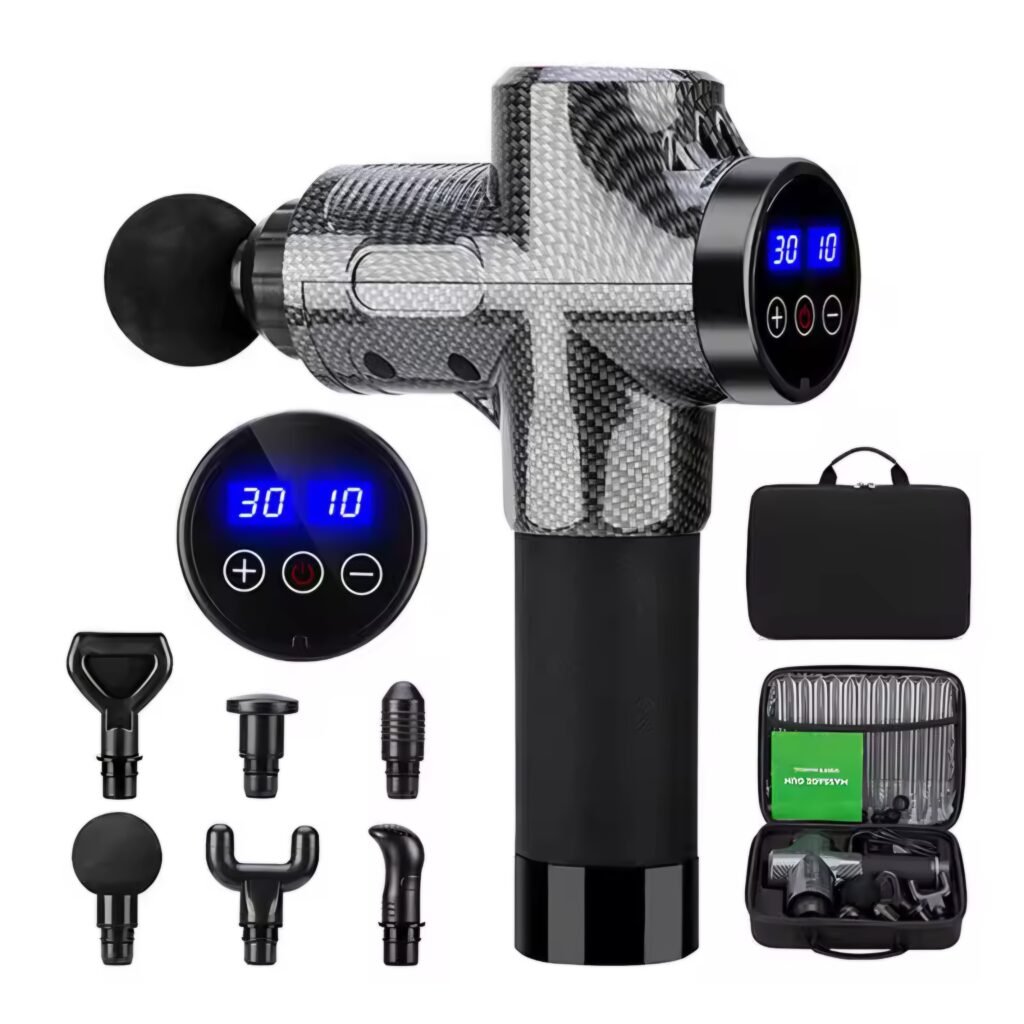 Silver Carbon Fiber Style Fascial Massage Gun KH-320 with full accessory kit and case