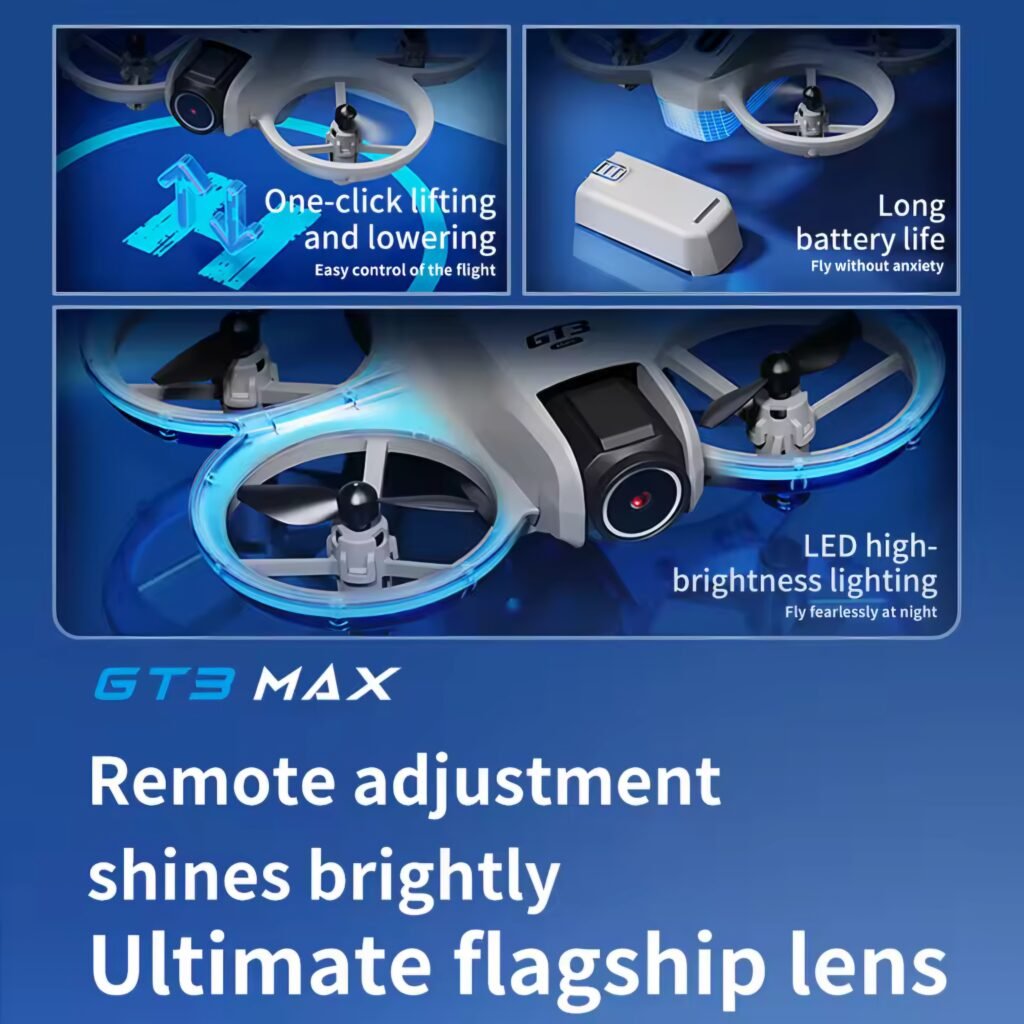 GT3 MAX Drone features showing remote camera adjustment and LED lights