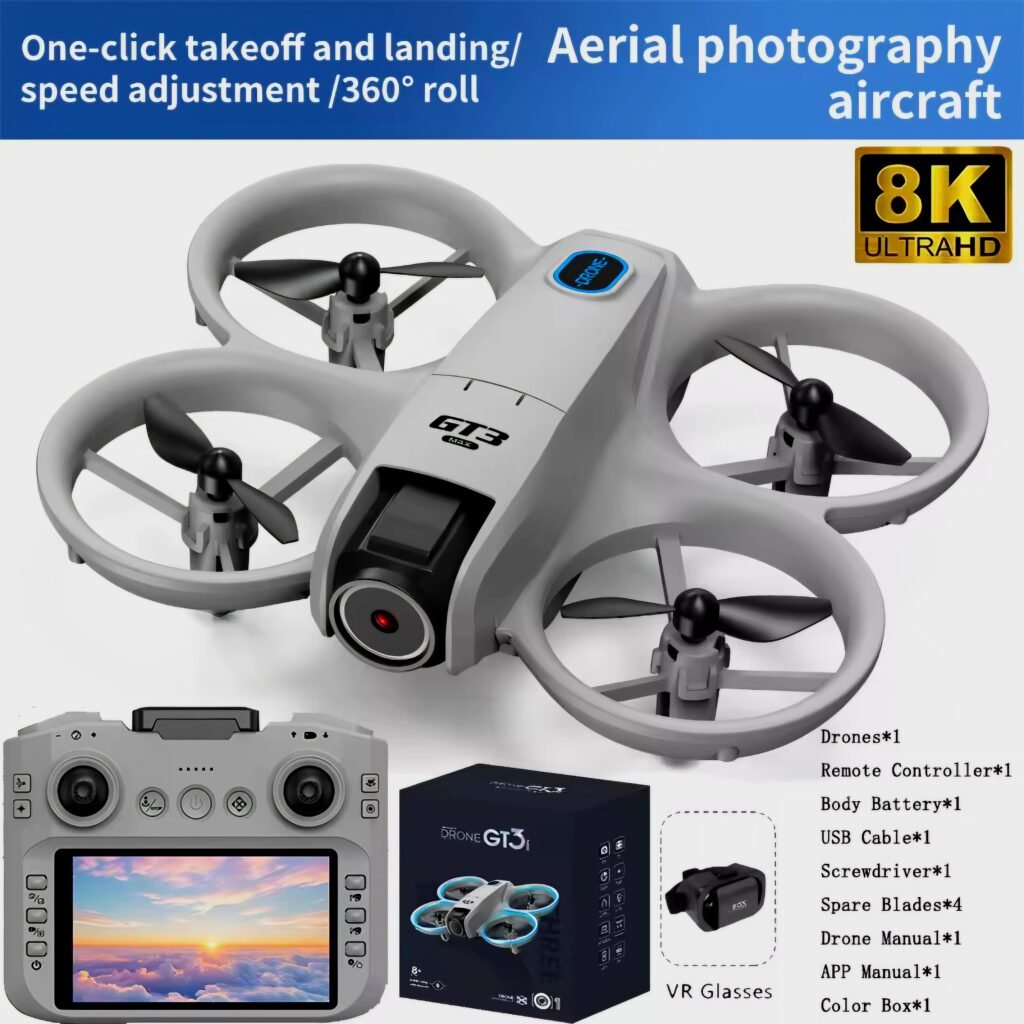 Complete packing list of GT3 MAX Drone including 8K camera drone, screen controller, VR glasses, and spare parts