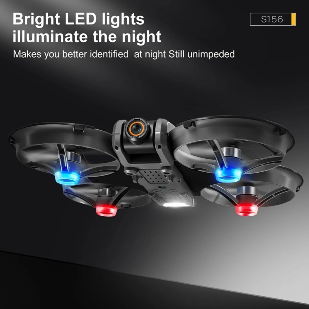 A feature collage from the S156 drone review, showcasing its intelligent system, easy controls, LED lights, and durable design.