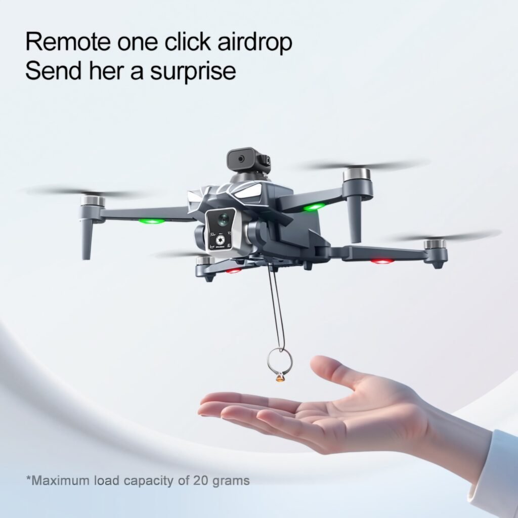 K18 Max drone demonstrating one-click airdrop feature, being held by a hand.