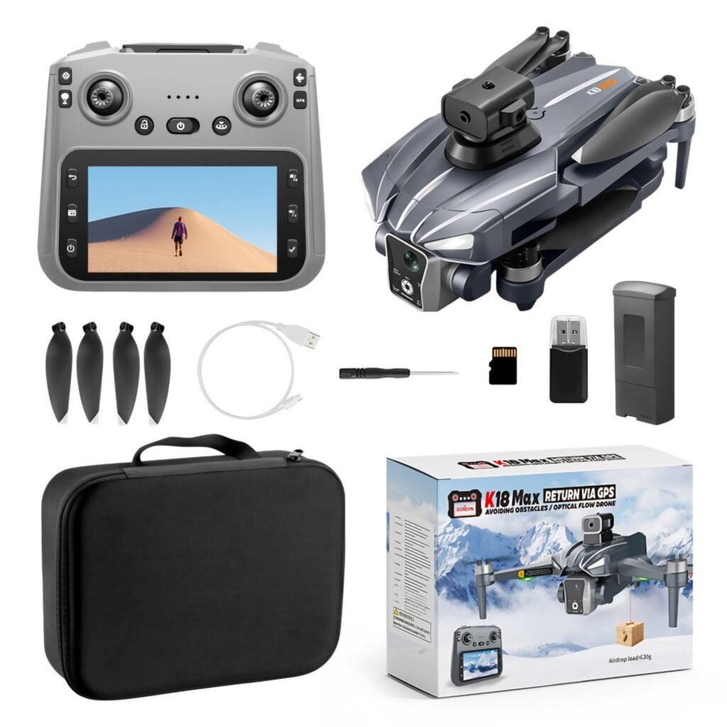K18 Max drone package contents including drone, remote with screen, propellers, battery, charging cable, screwdriver, and storage bag.