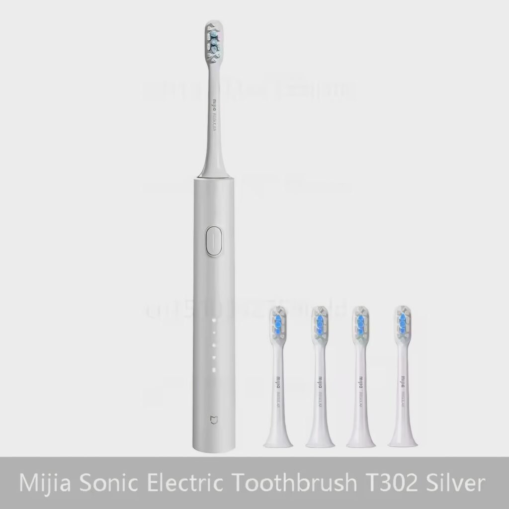 Mijia Sonic Electric Toothbrush T302 silver color showing toothbrush handle and replacement brush heads.