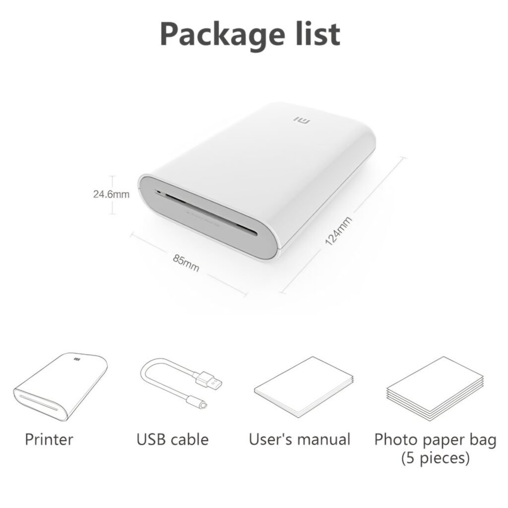 xiaomi mi portable pocket photo printer package contents printer usb cable photo paper