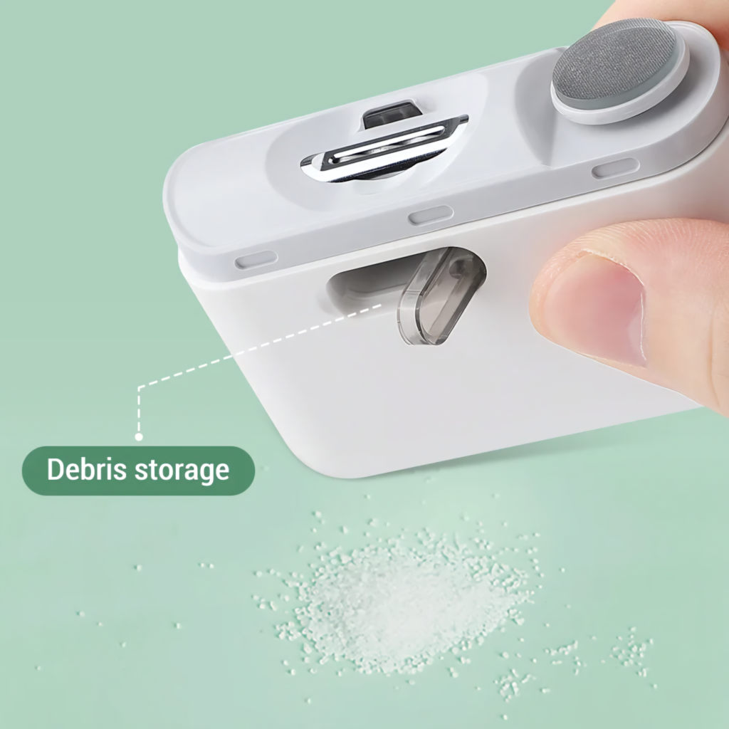 Electric nail clipper with built-in nail debris storage for clean trimming