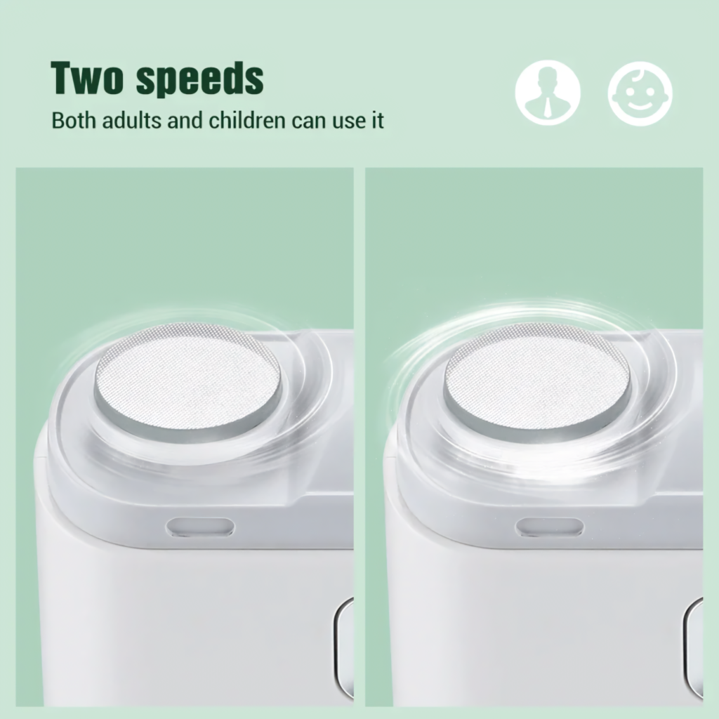 Electric nail clipper showing dual speed modes for adults and babies
