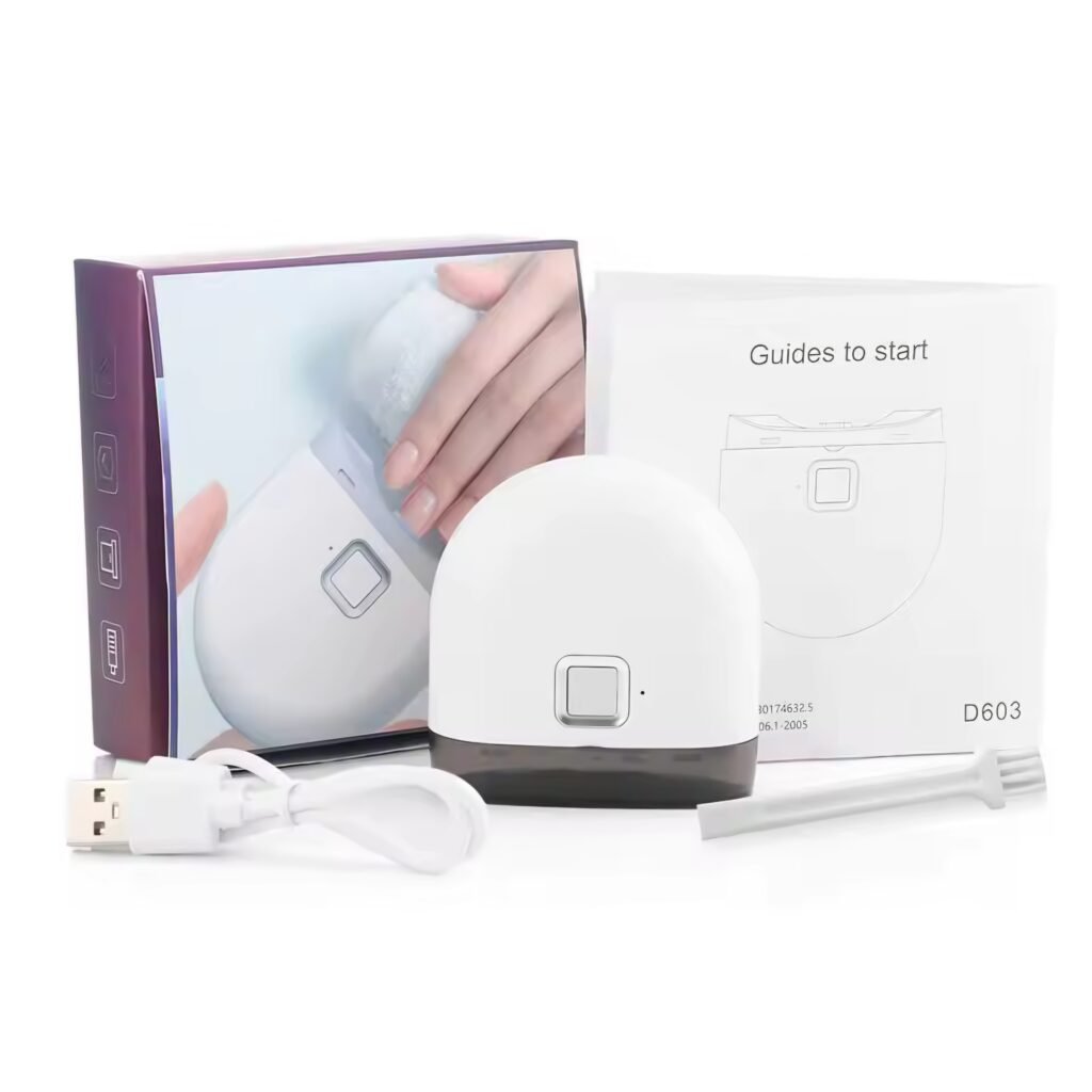 Compact electric nail clipper design showing front power button