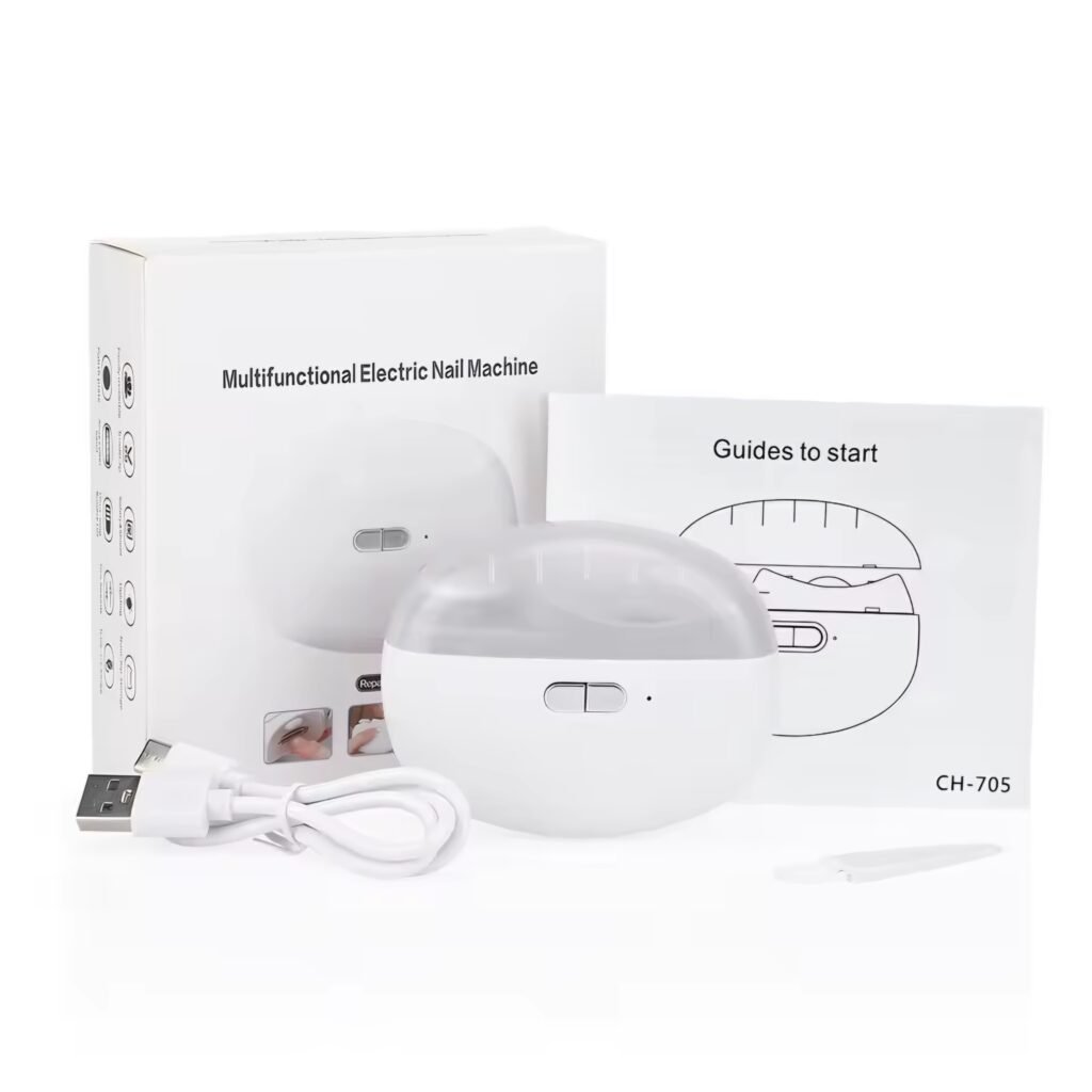 White electric nail clipper kit with accessories and user guide