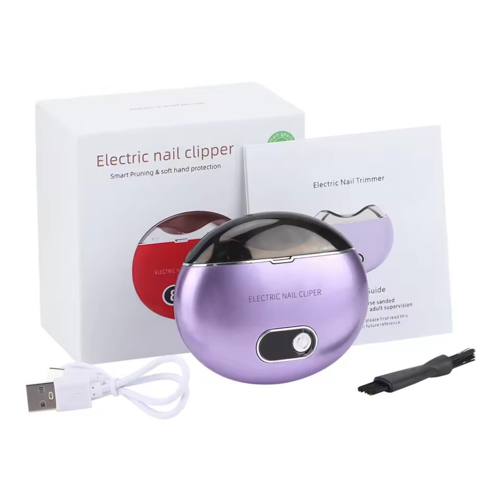 Purple electric nail clipper with USB charging cable and retail box
