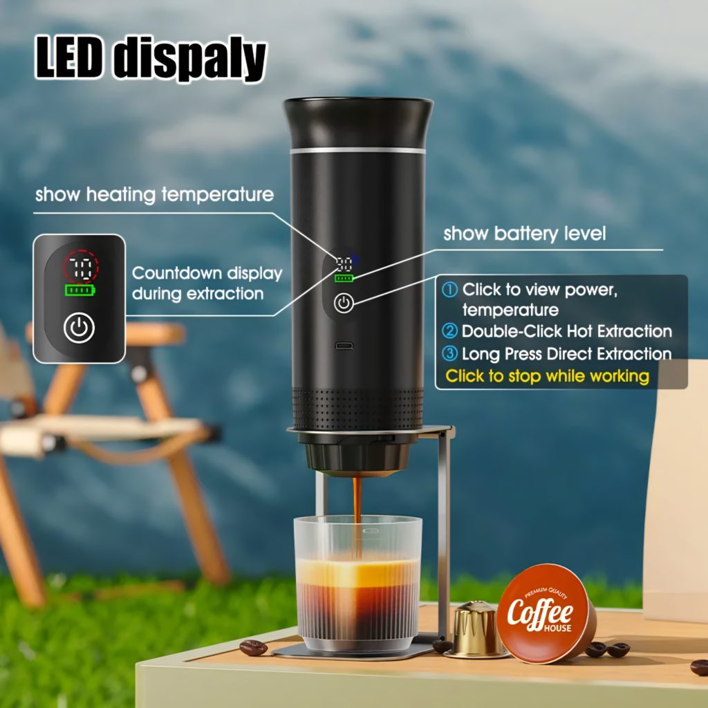 DENOKIN portable espresso machine with LED digital display showing temperature and battery level