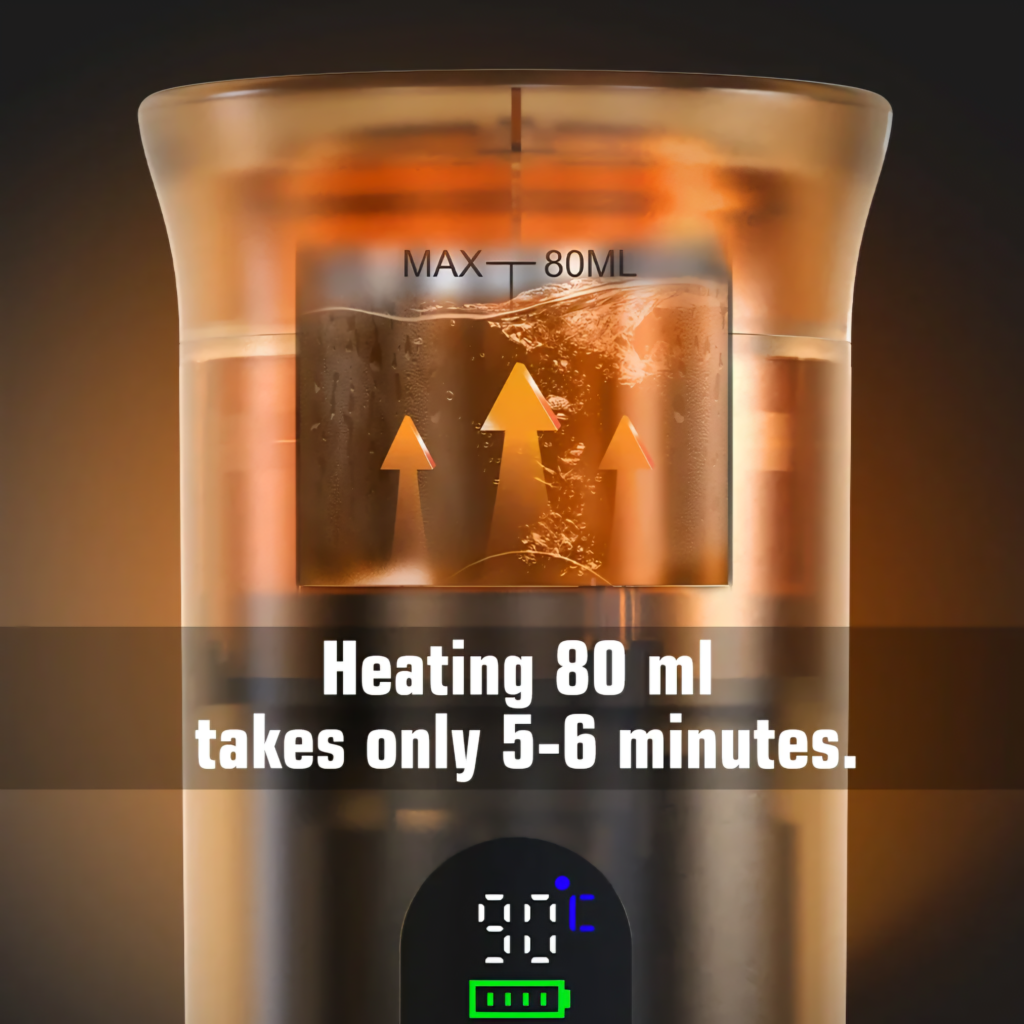 DENOKIN portable espresso machine heating 80ml water in 5 to 6 minutes