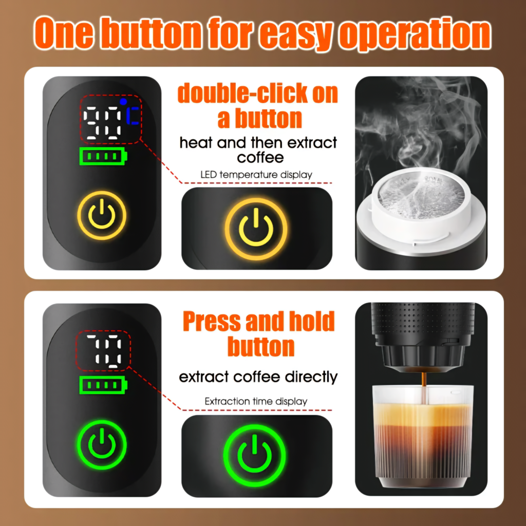 DENOKIN portable espresso machine one button operation for hot and cold coffee extraction
