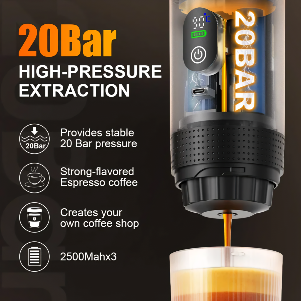 DENOKIN portable espresso machine with 20 bar high pressure extraction for rich crema
