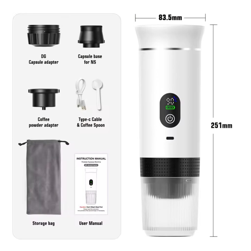 DENOKIN portable espresso machine white color showing size and accessories