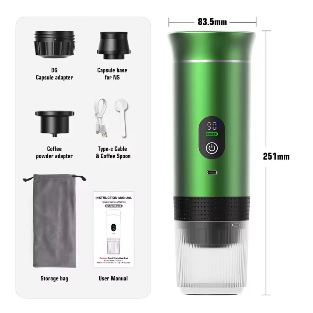DENOKIN portable espresso machine green color with full accessory kit