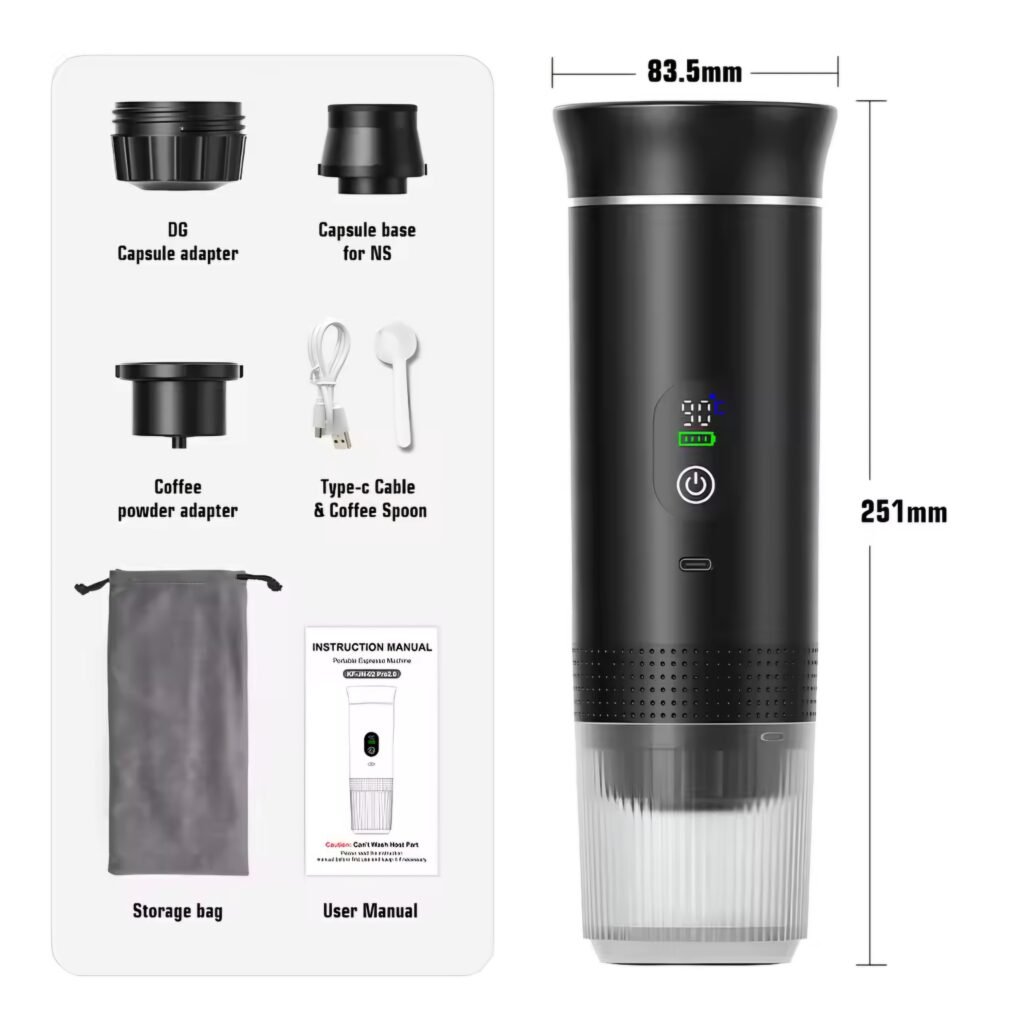 DENOKIN portable espresso machine black color with capsule adapters and accessories