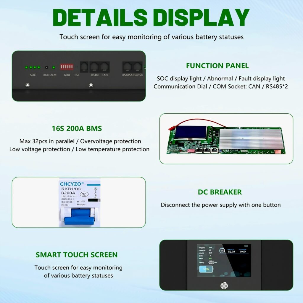 LiFePO4 battery details display showing smart touch screen, BMS protection, and DC breaker
