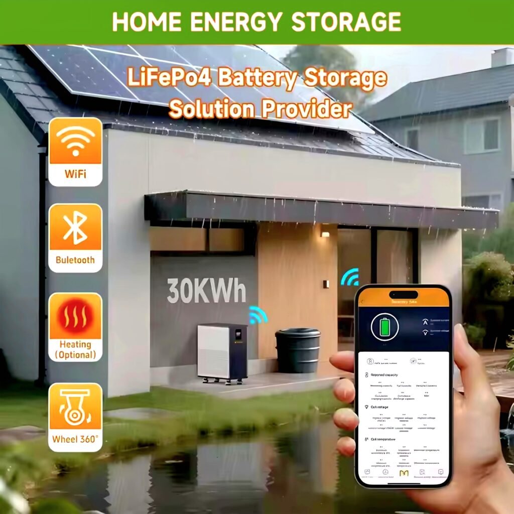 30kWh LiFePO4 home energy storage battery with Bluetooth and mobile app monitoring