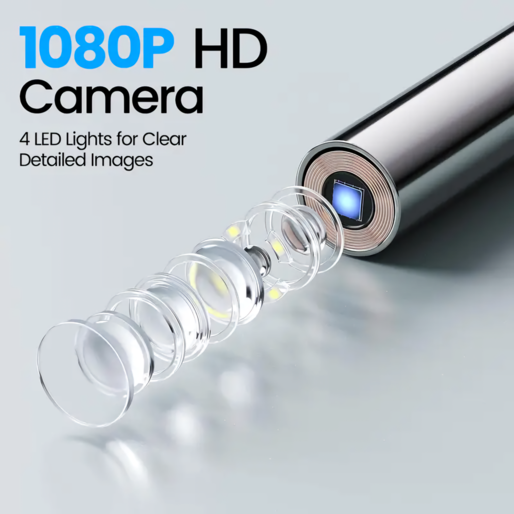 Close-up exploded view of the 1080P HD camera lens structure featuring 4 LED lights for detailed imaging.