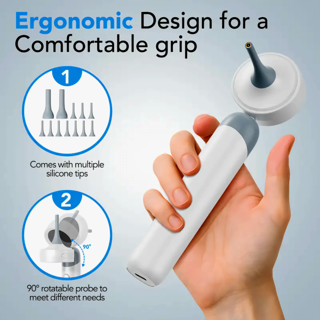 A hand holding the otoscope, demonstrating the ergonomic design and comfortable grip for easy operation.