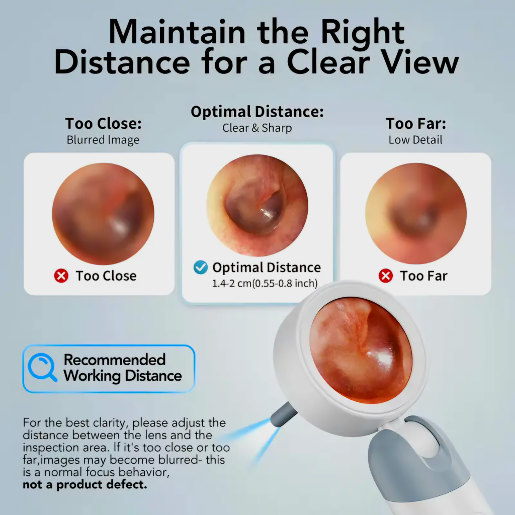 Instructional graphic showing the optimal distance to hold the camera from the ear canal to ensure a clear image versus a blurry one.