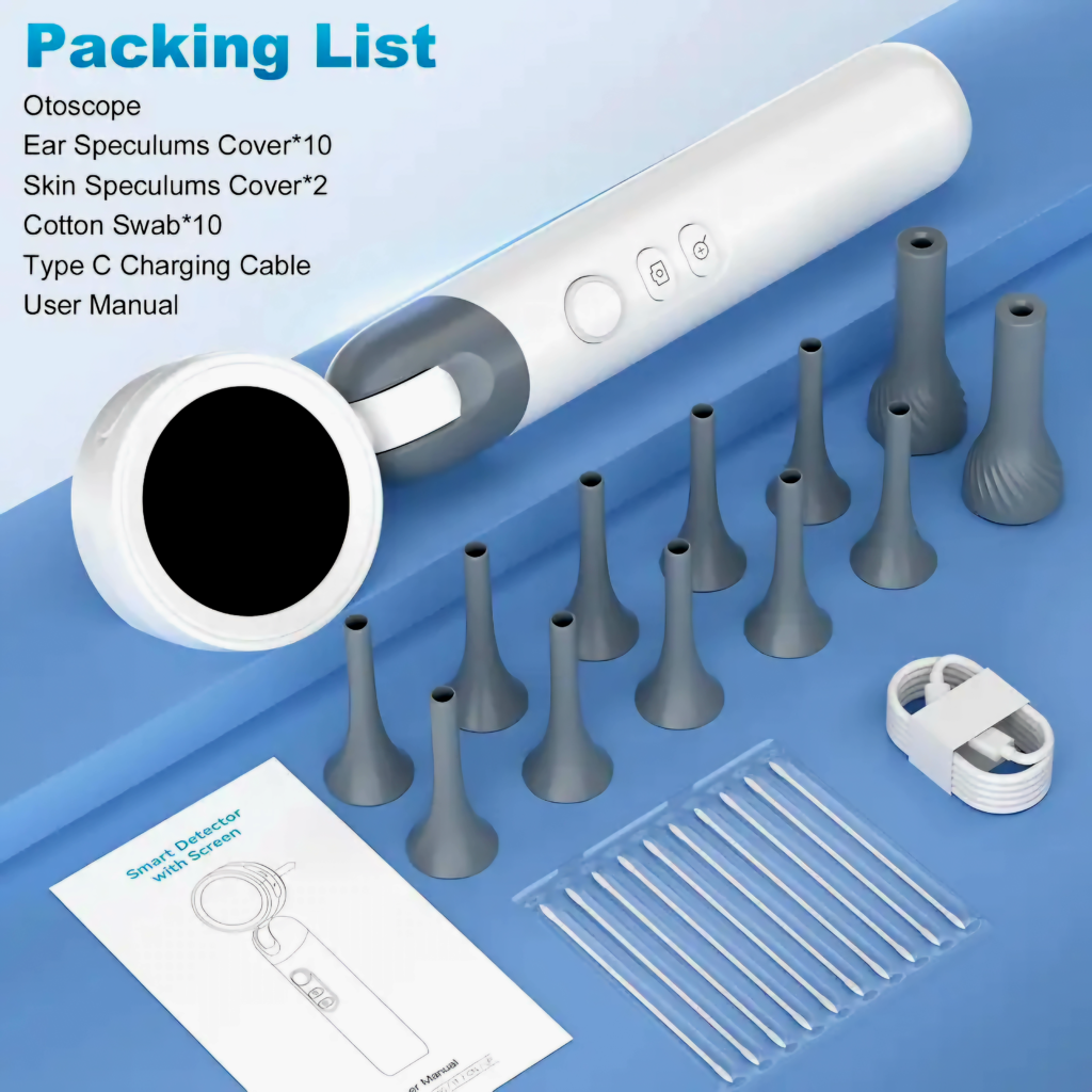 Packing list showing the otoscope device, multiple ear specula covers, cotton swabs, and a Type-C charging cable.