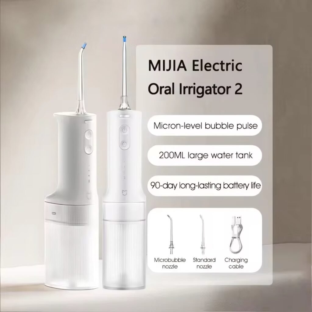 Xiaomi Mijia Electric Oral Irrigator 2 with micron-level bubble pulse, 200ml water tank, 90-day battery life, and different nozzles review