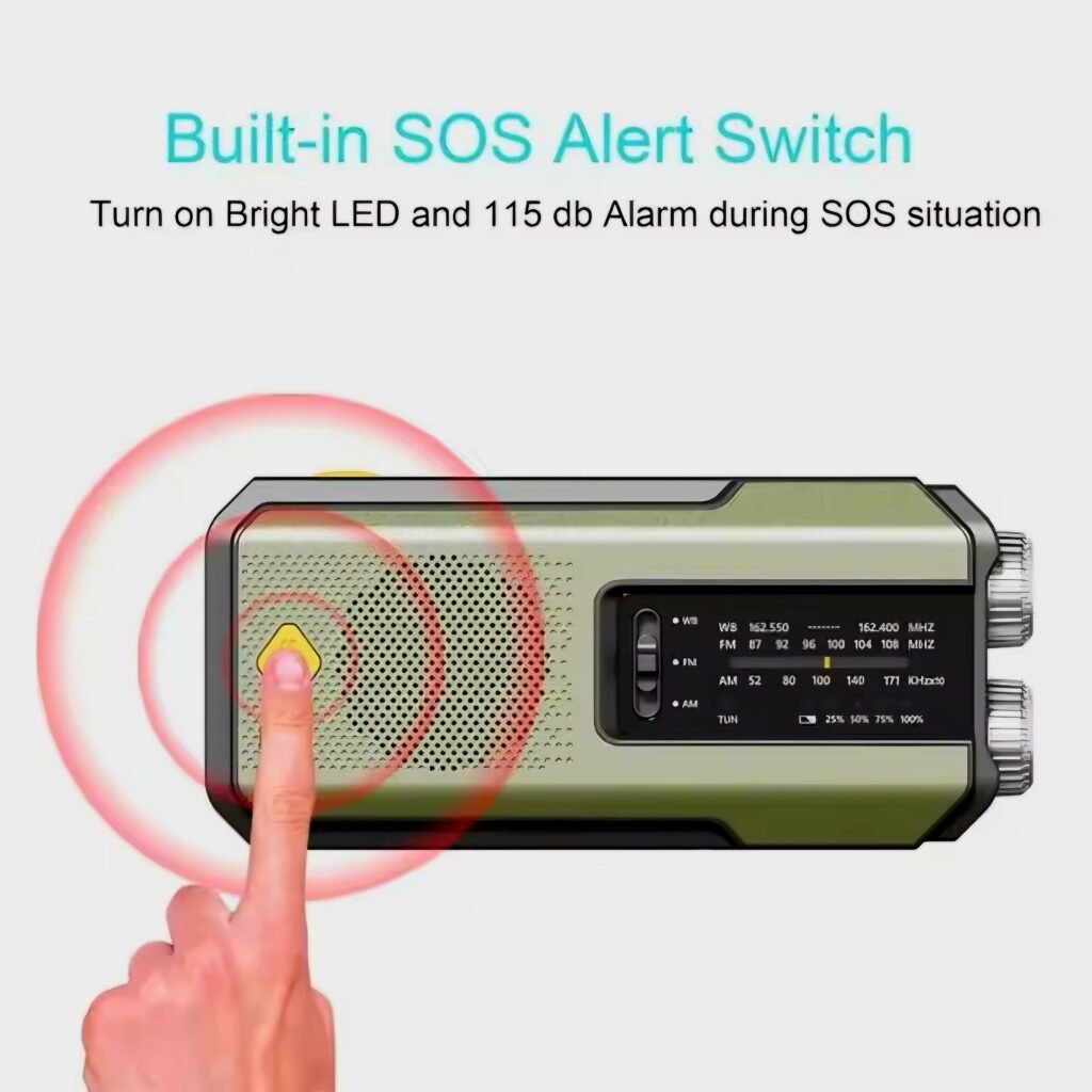 Hand pressing the Built-in SOS Alert Switch on emergency radio