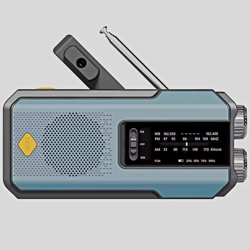 Grey Emergency Radio showing solar panel and hand crank handle
