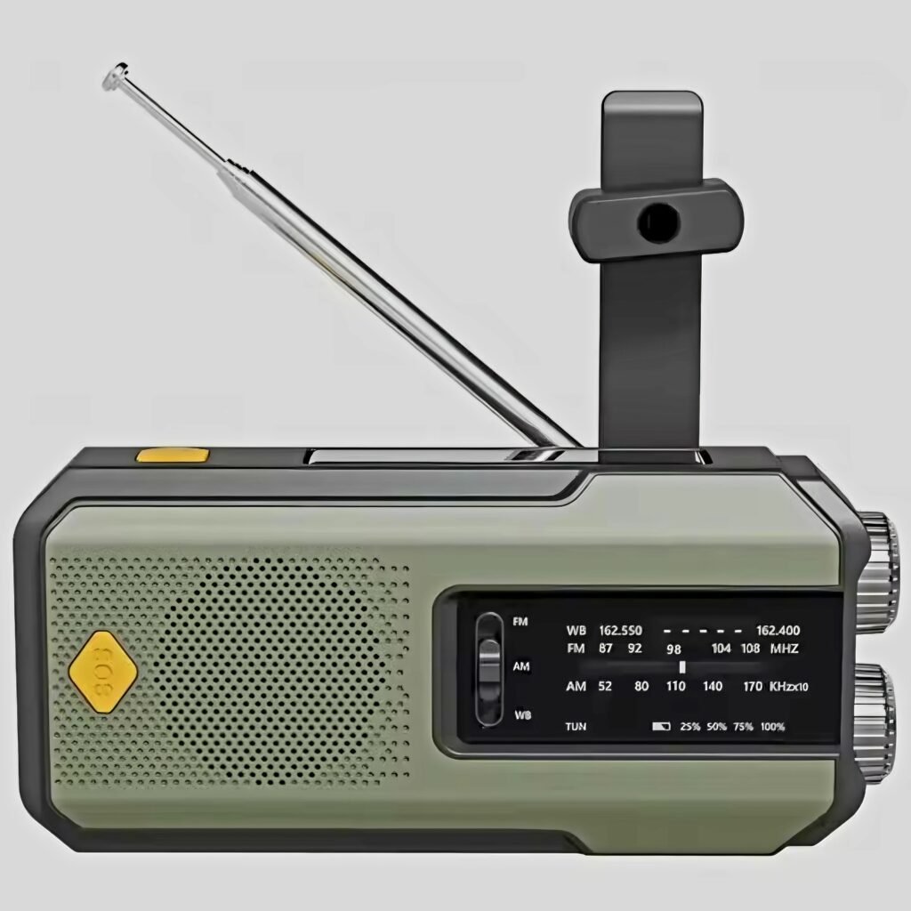 Green Army Style Emergency Hand Crank Solar Radio front view