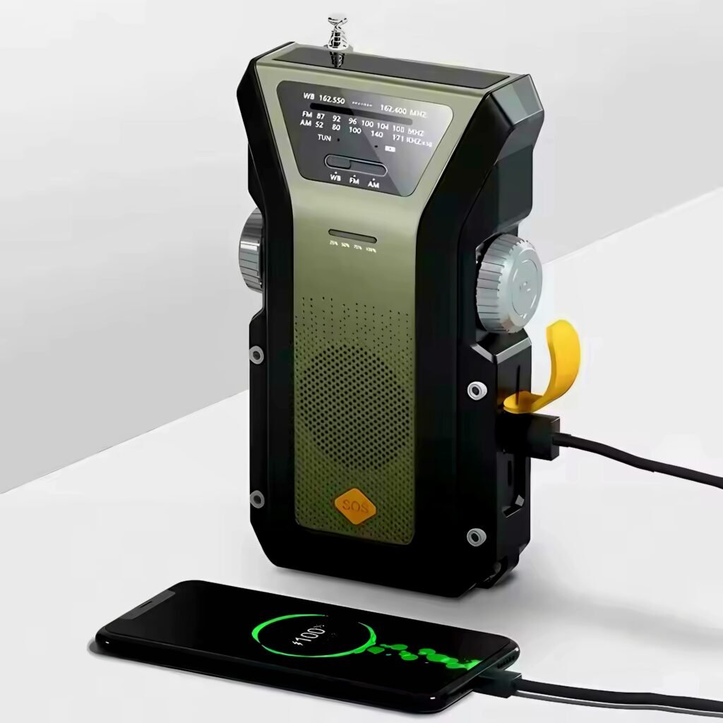Emergency Solar Radio acting as a Power Bank charging a smartphone