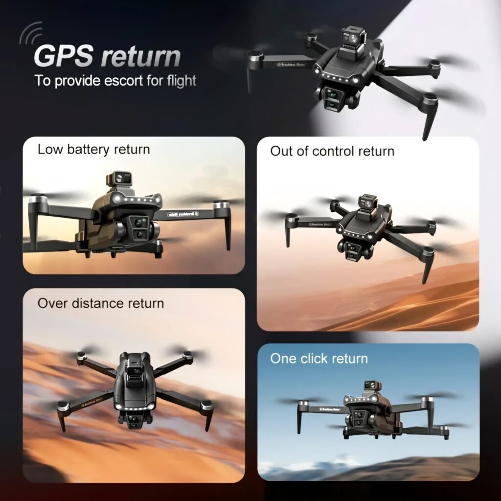 Graphic showing GPS safety return features including low battery return and out of control return