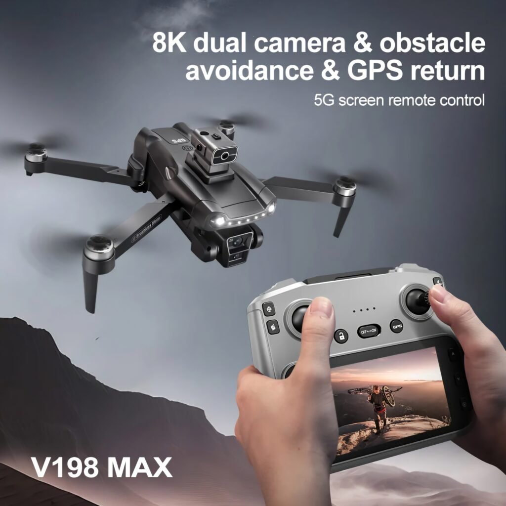 V198 Max drone flying next to its remote controller with built-in screen for live video feed