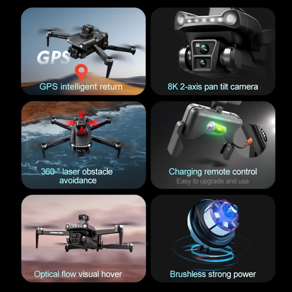 Grid display of key features including 8K camera 2-axis gimbal and brushless motor icons