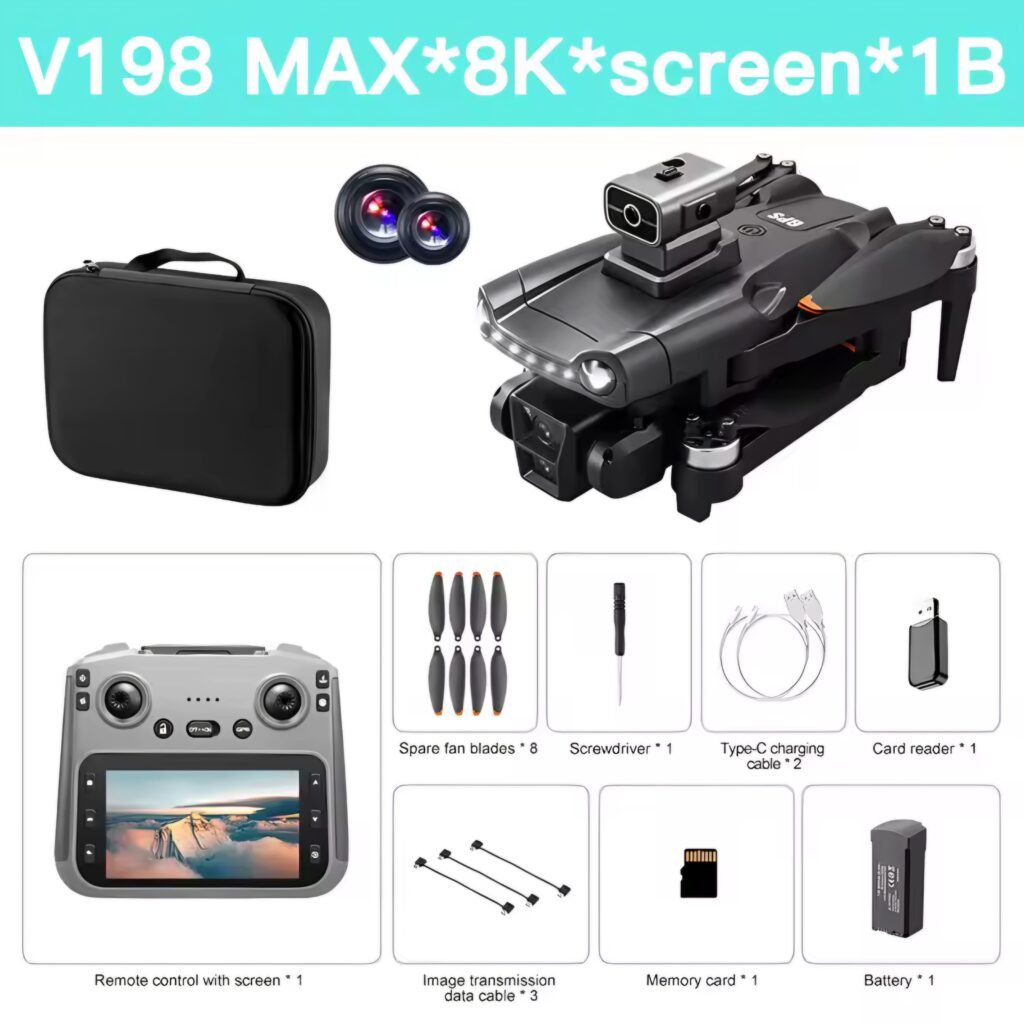 V198 Max drone package contents with screen remote control and 1 battery