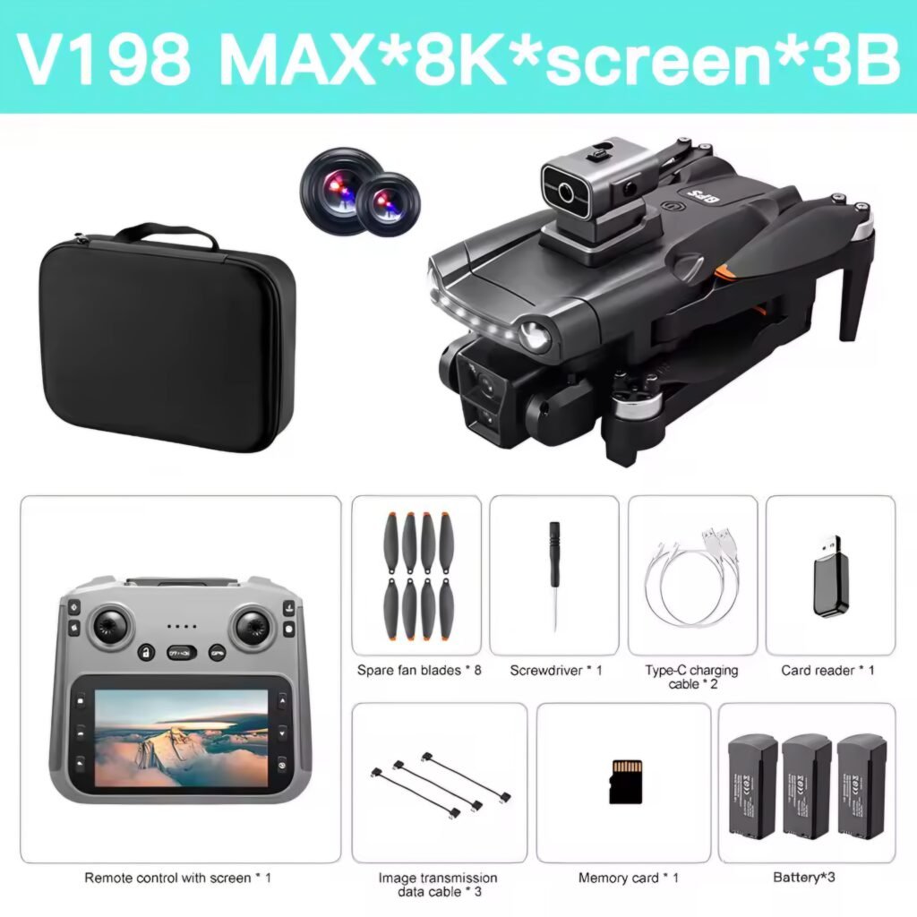V198 Max drone packing list including 8K camera remote with screen and 3 batteries