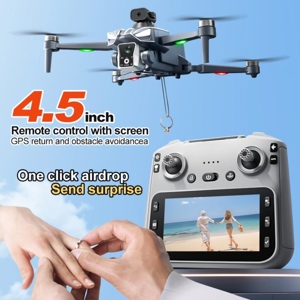 K18 Max 8K Camera Drone with remote control and screen, showing a ring being dropped review