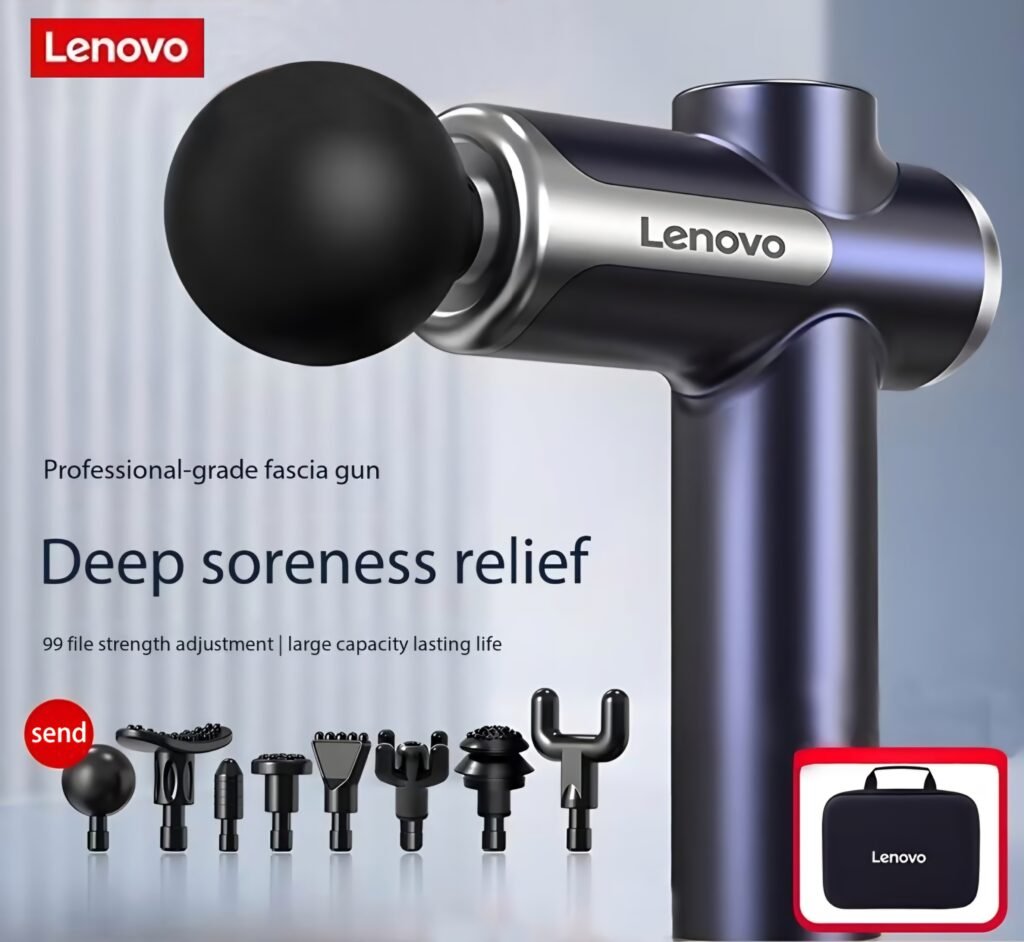 Lenovo Fascia Gun professional massage gun showing deep tissue percussion therapy and multiple massage heads review