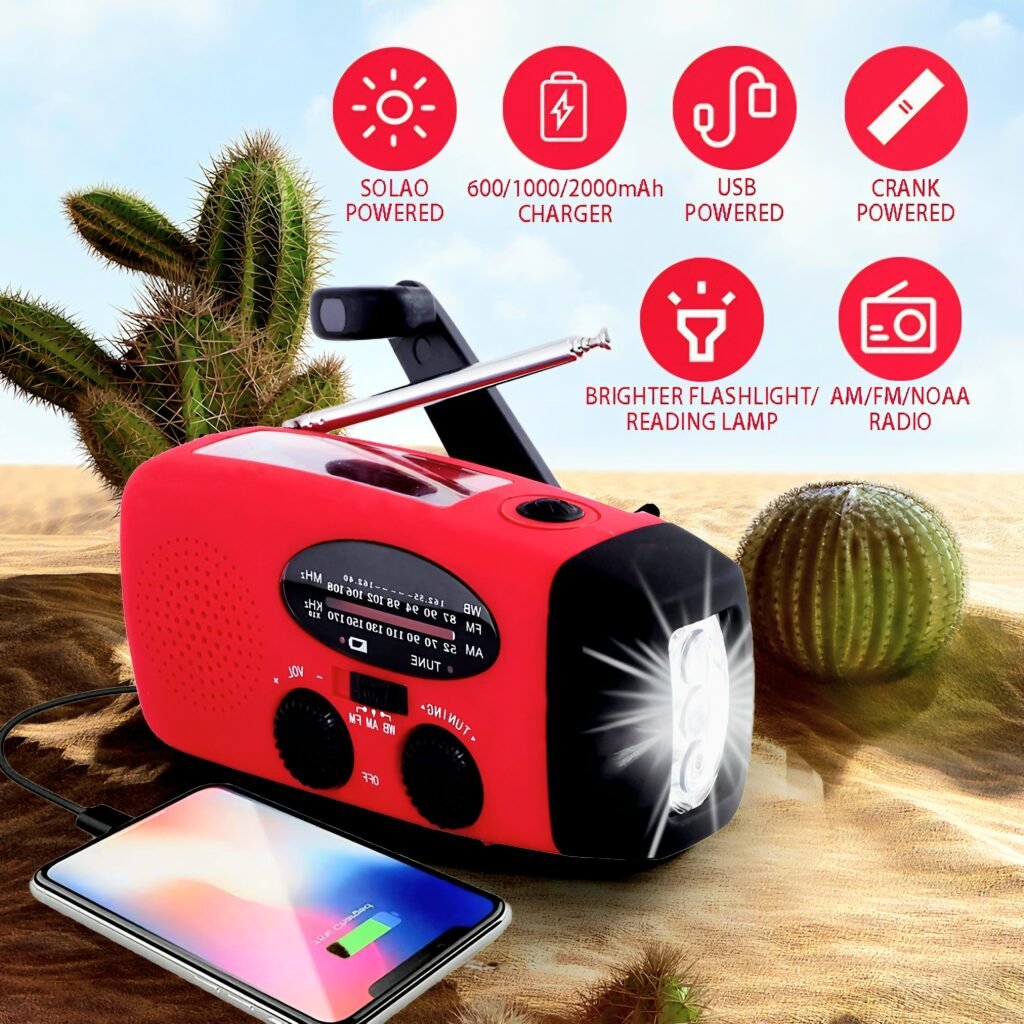 Portable solar crank radio charging smartphone via USB with LED flashlight on